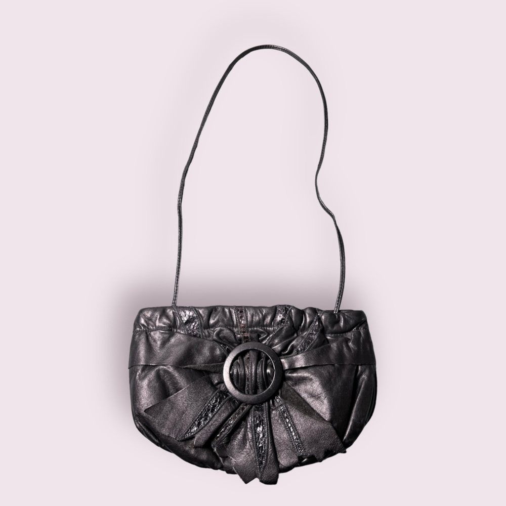 Black Pleather Ruffle Detailed Shoulder Bag